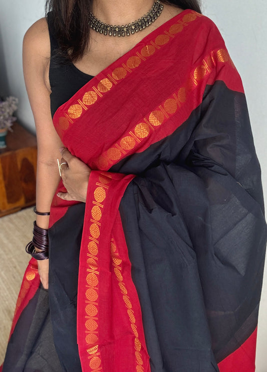 Black with red rudraksham motif border - Madurai Sungudi cotton