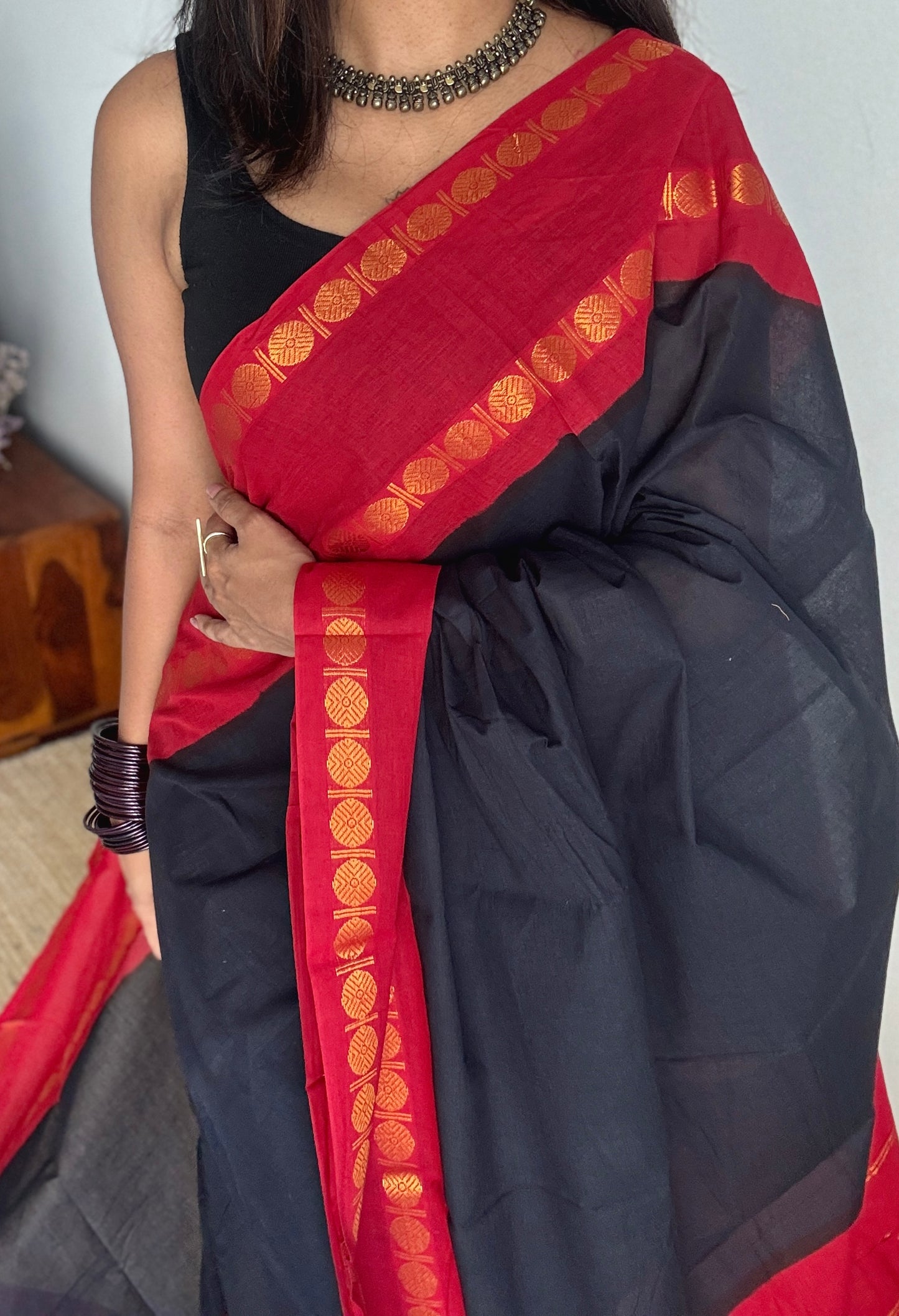 Black with red rudraksham motif border - Madurai Sungudi cotton