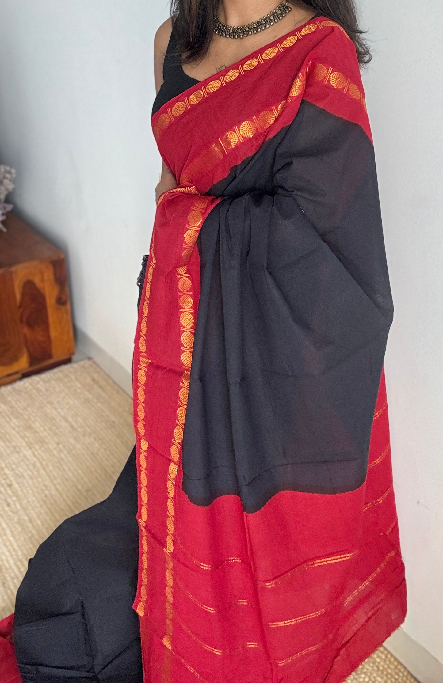 Black with red rudraksham motif border - Madurai Sungudi cotton