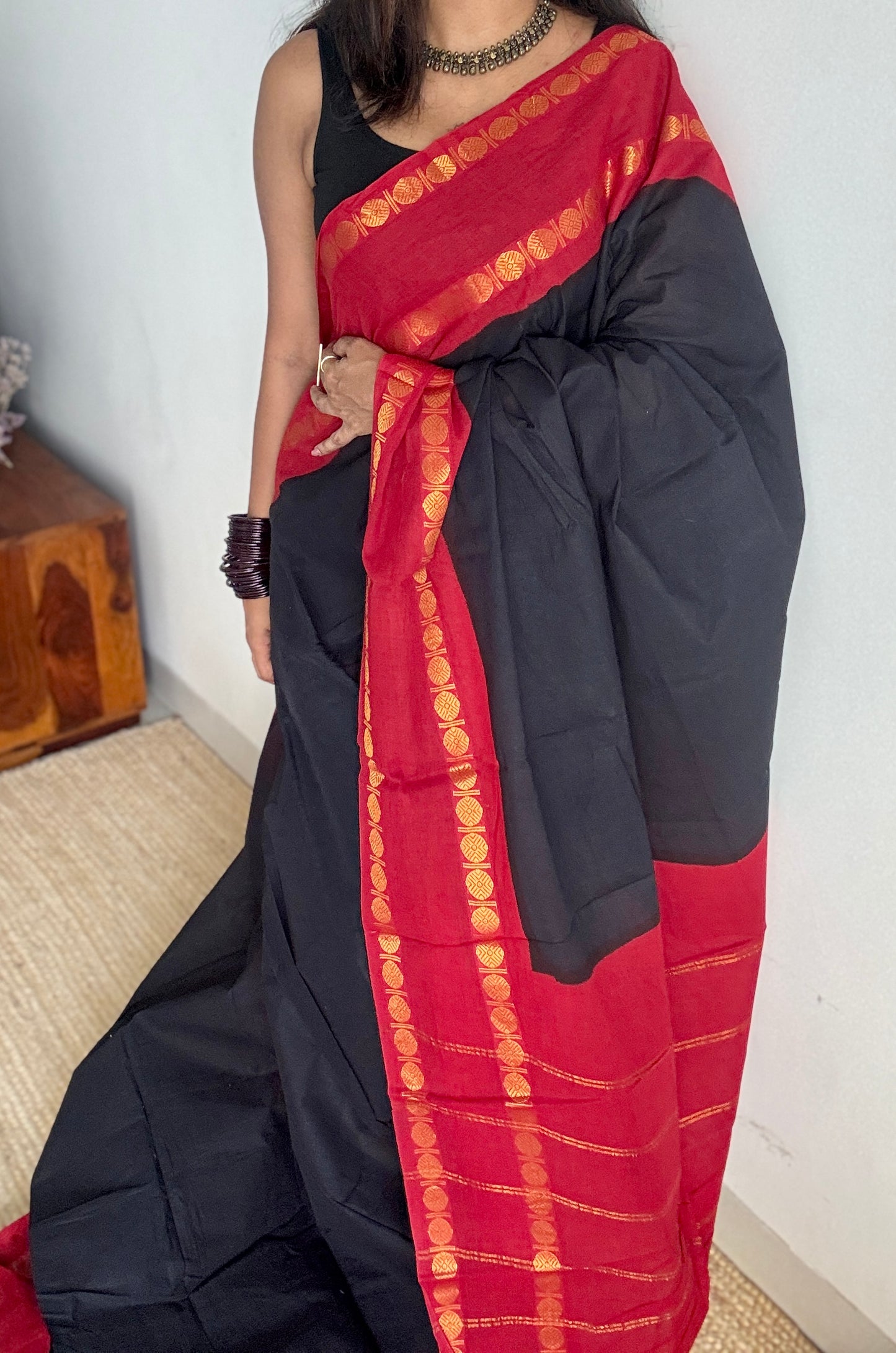Black with red rudraksham motif border - Madurai Sungudi cotton