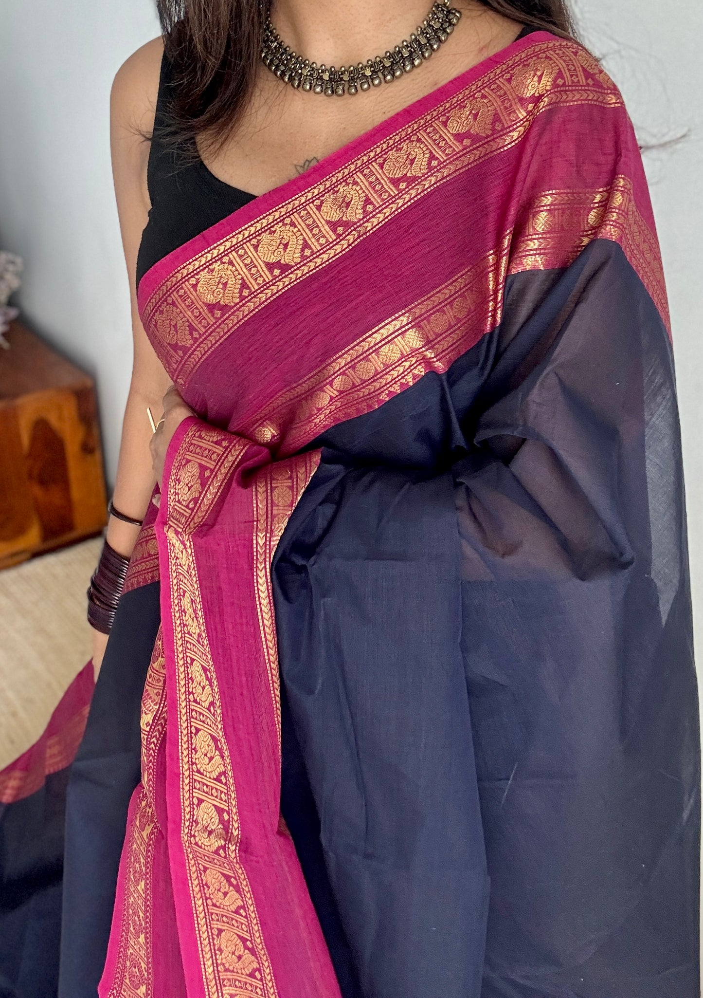Dark blue with dark pink contrast - Kanchi Cotton - YCCOTNKC02