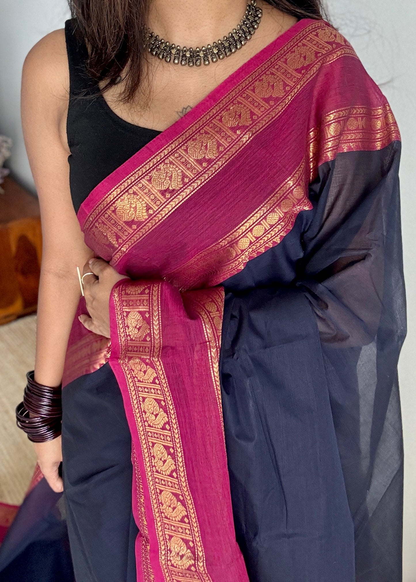 Dark blue with dark pink contrast - Kanchi Cotton - YCCOTNKC02