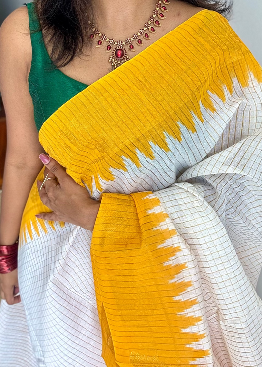Yellow - Yellow - sungudi cotton checks, ivory gold base, soft cotton - YCON25COTN96