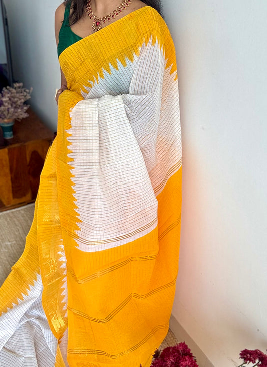Yellow - Yellow - sungudi cotton checks, ivory gold base, soft cotton - YCON25COTN96