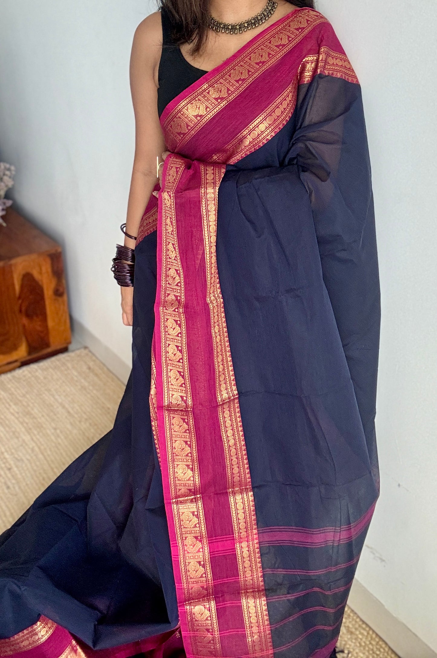 Dark blue with dark pink contrast - Kanchi Cotton - YCCOTNKC02