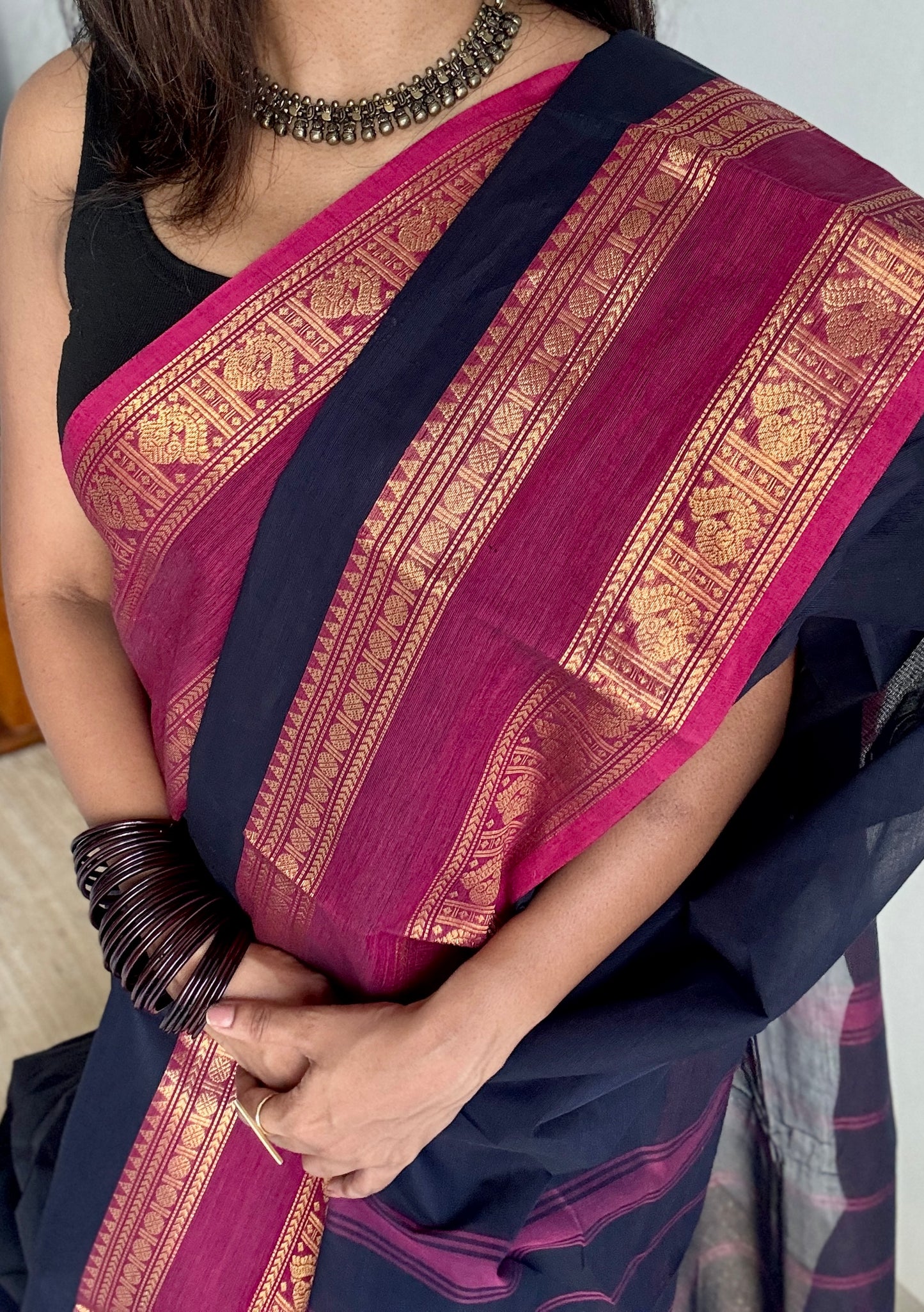 Dark blue with dark pink contrast - Kanchi Cotton - YCCOTNKC02