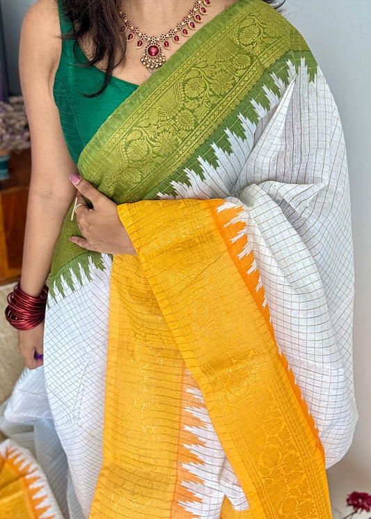 Green - Yellow - sungudi cotton checks, ivory gold base, soft cotton - YCON25COTN98