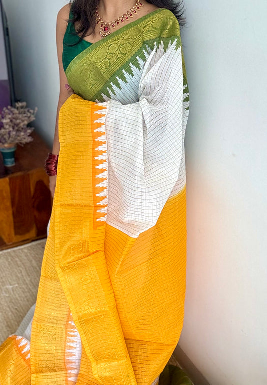 Green - Yellow - sungudi cotton checks, ivory gold base, soft cotton - YCON25COTN98