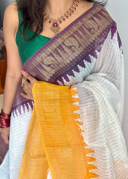 Dark Violet Yellow - sungudi cotton checks, ivory gold base, soft cotton - YCON25COTN95