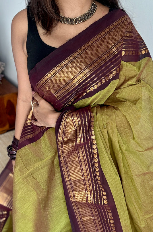 Lemon ginger green with purple brown contrast - Kanchi Cotton