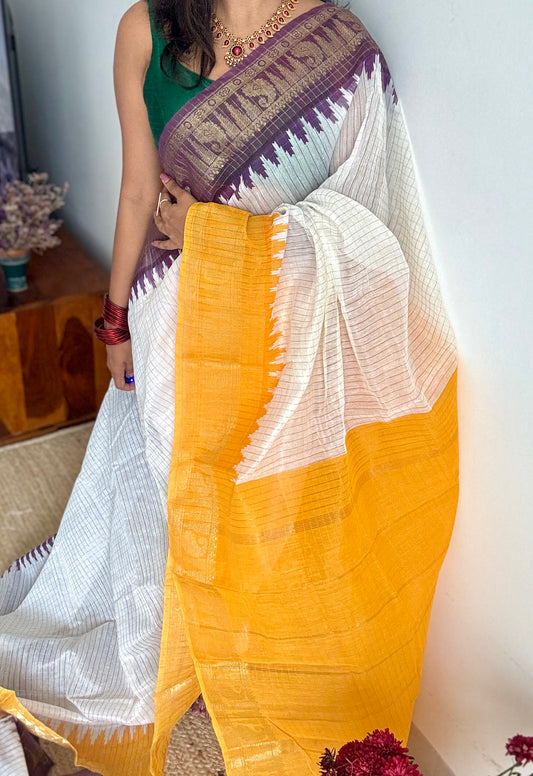 Dark Violet Yellow - sungudi cotton checks, ivory gold base, soft cotton - YCON25COTN95