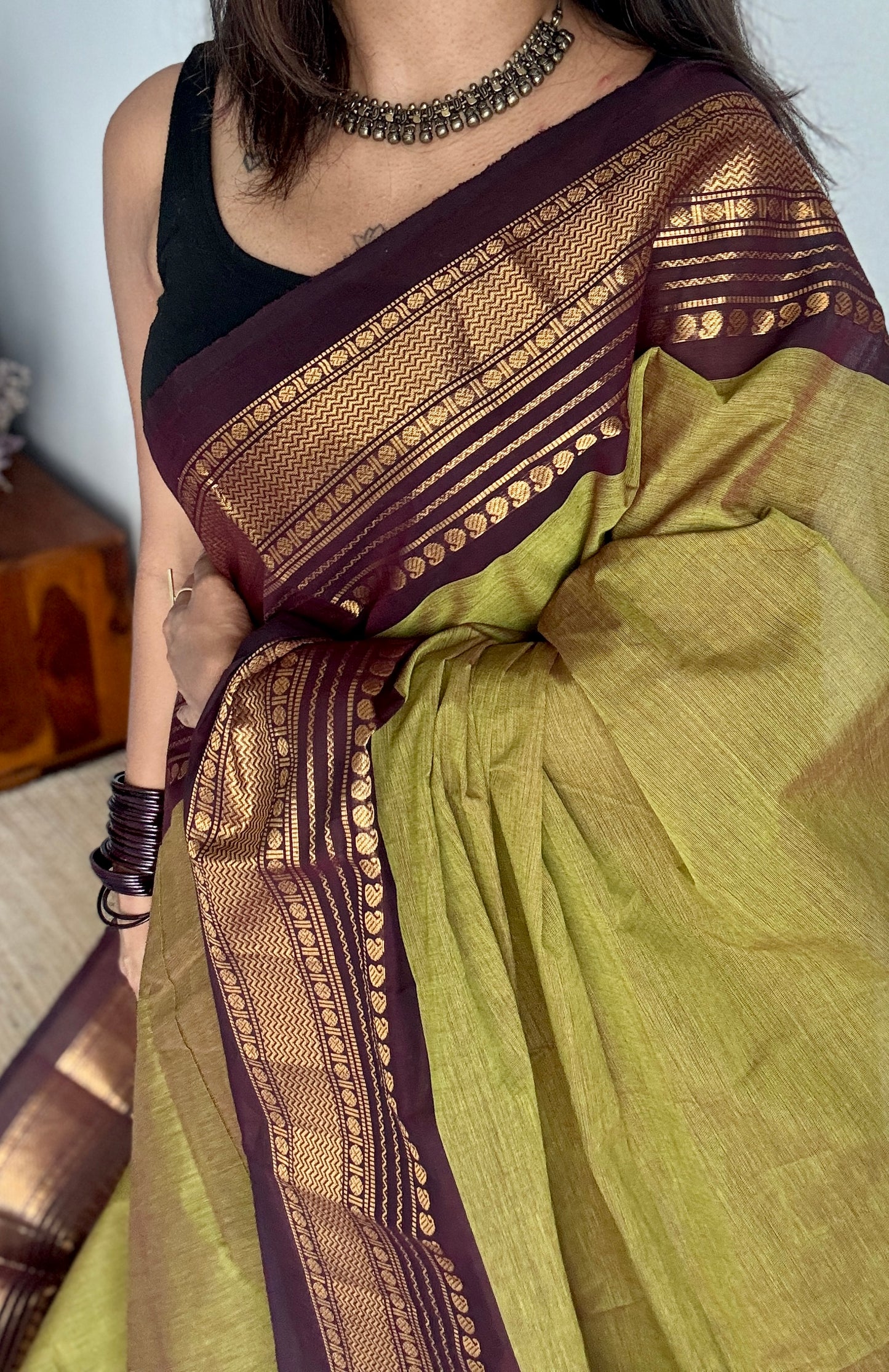 Lemon ginger green with purple brown contrast - Kanchi Cotton