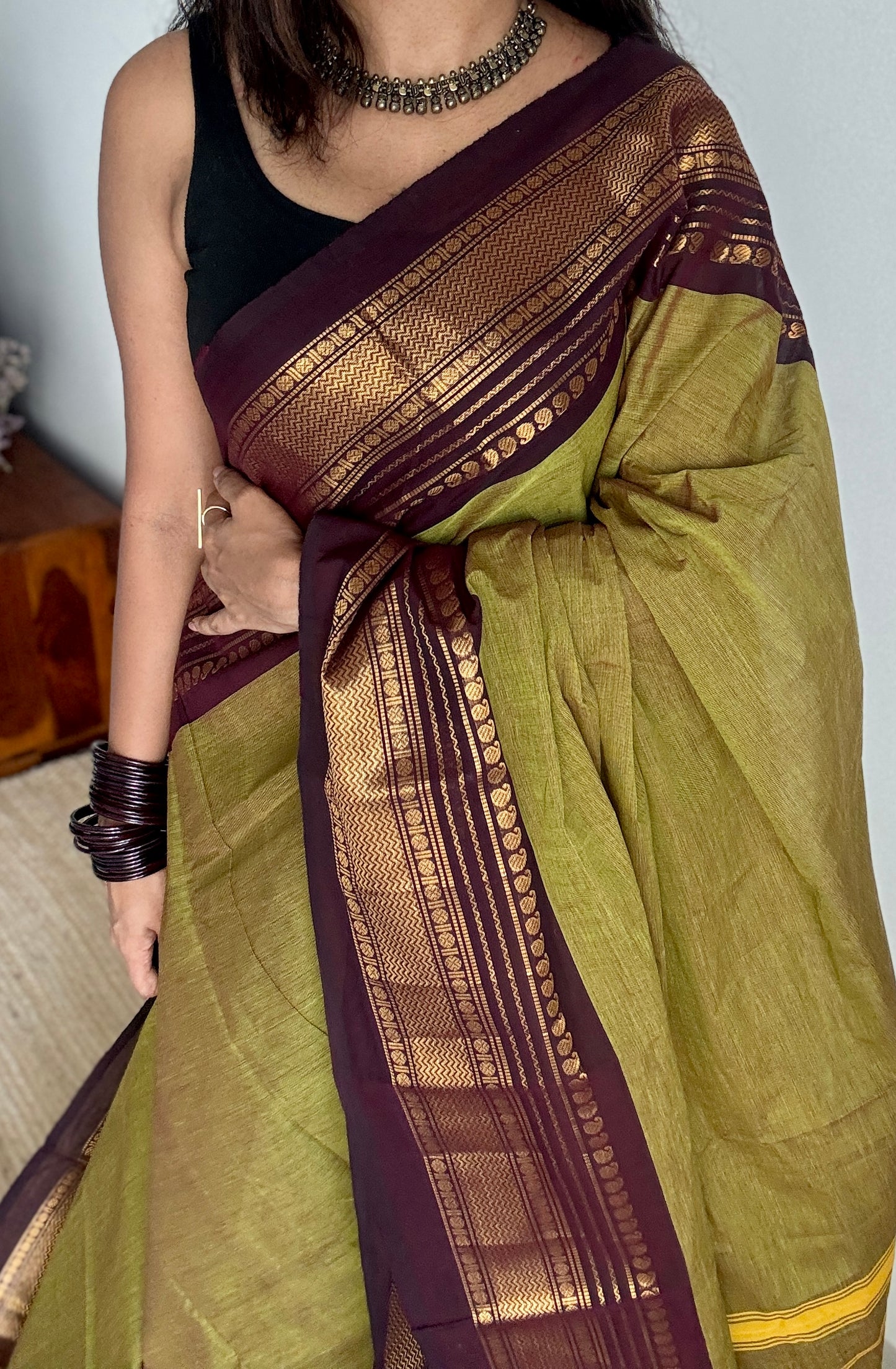 Lemon ginger green with purple brown contrast - Kanchi Cotton