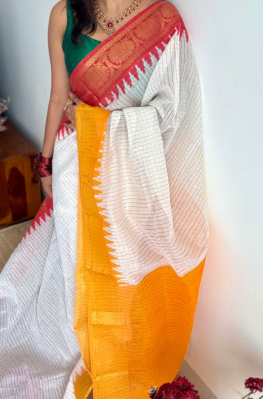 Chilli Red - Yellow - sungudi cotton checks, ivory gold base, soft cotton - YCON25COTN99