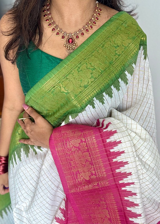 Dark Pink - Green - sungudi cotton checks, ivory gold base, soft cotton - YCON25COTN100