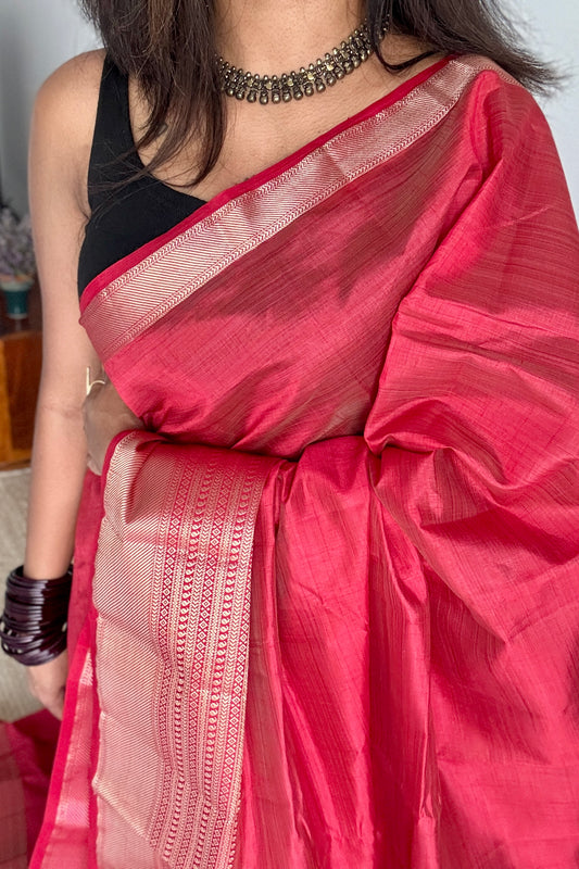 Red with antique gold zari - Semi Raw Silk