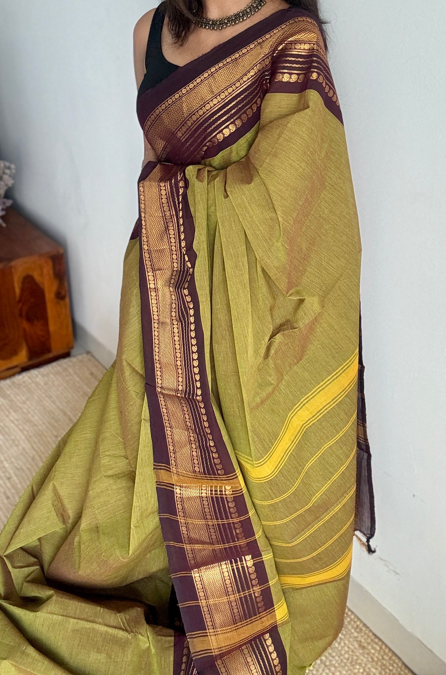 Lemon ginger green with purple brown contrast - Kanchi Cotton