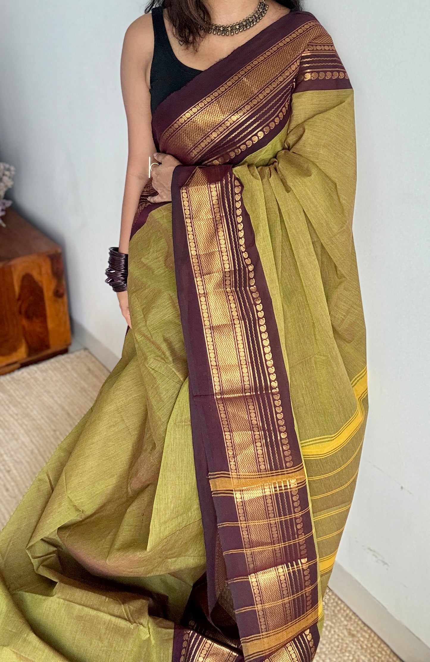 Lemon ginger green with purple brown contrast - Kanchi Cotton