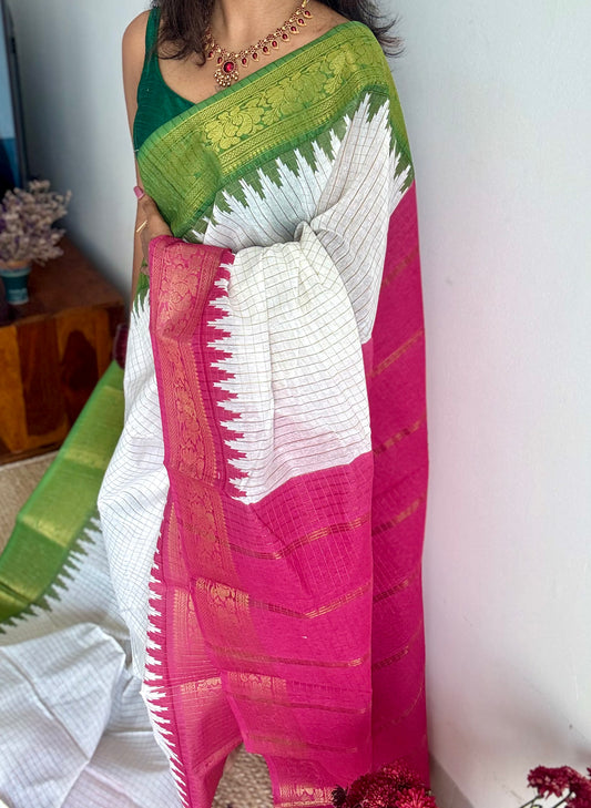 Dark Pink - Green - sungudi cotton checks, ivory gold base, soft cotton - YCON25COTN100