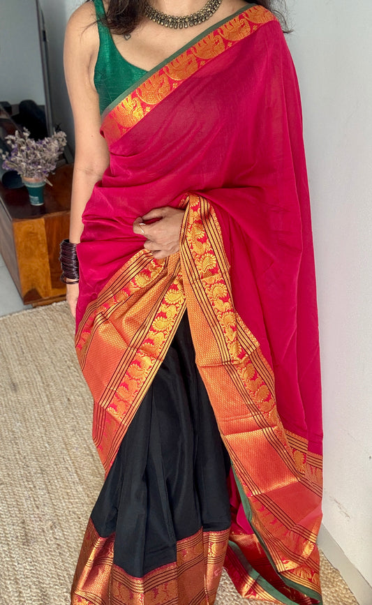 Black - dark pink Narayanpet half saree, unstitched material, soft cotton YCAHSN01