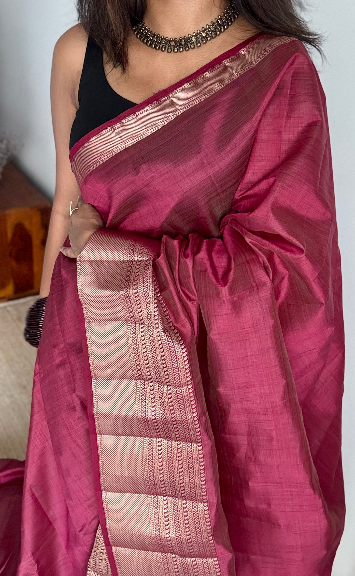 Maroon with antique gold zari - Semi Raw Silk