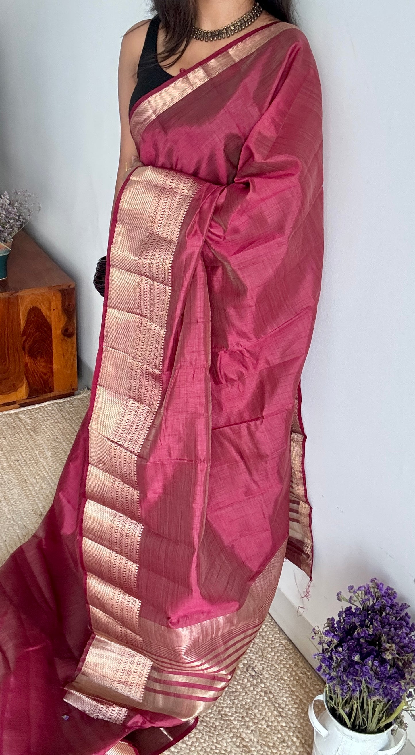 Maroon with antique gold zari - Semi Raw Silk