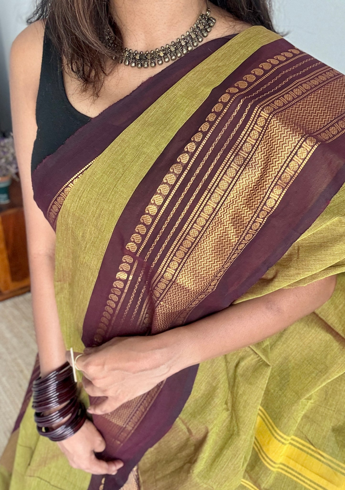 Lemon ginger green with purple brown contrast - Kanchi Cotton