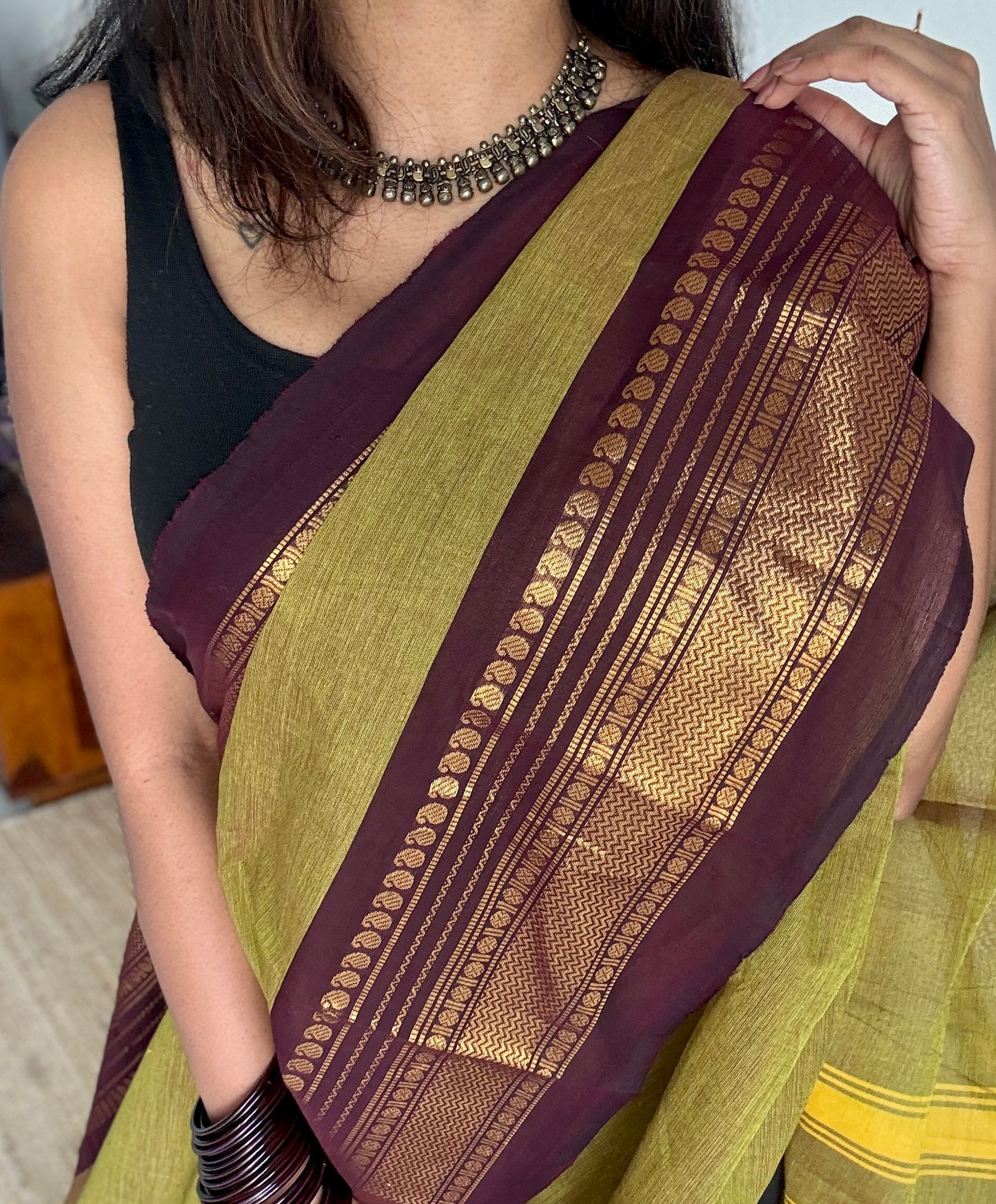 Lemon ginger green with purple brown contrast - Kanchi Cotton