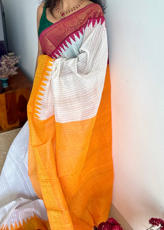 Dark Red - Yellow - sungudi cotton checks, ivory gold base, soft cotton - YCON25COTN101