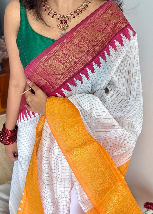 Dark Red - Yellow - sungudi cotton checks, ivory gold base, soft cotton - YCON25COTN101