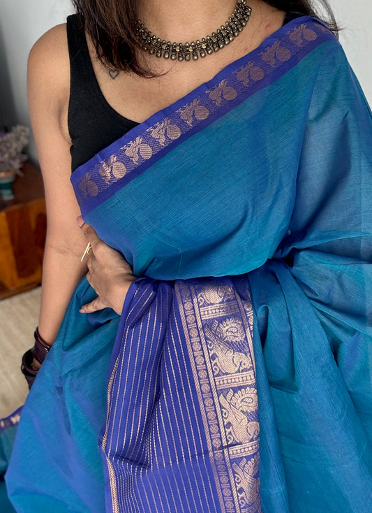 Blue with Violet, one side broad zari - Chettinad Soft Cotton - YCCL403