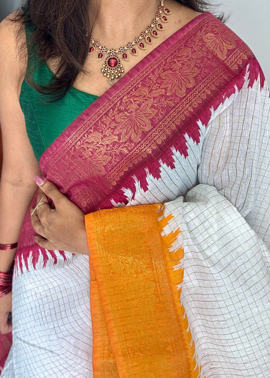 Dark Red - Yellow - sungudi cotton checks, ivory gold base, soft cotton - YCON25COTN97