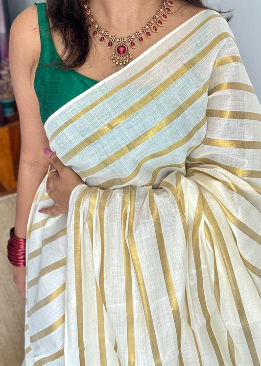 Ivory with gold stripes, kerala cotton - YCON25KCBS263
