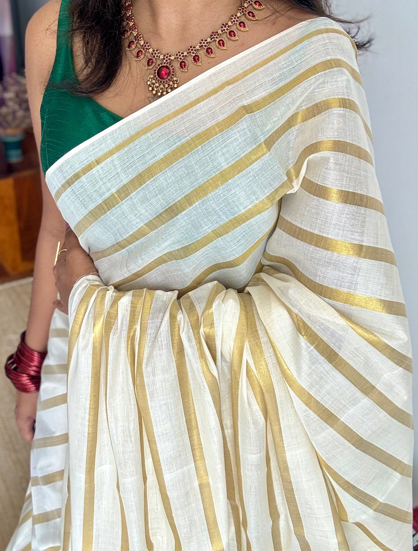 Ivory with gold stripes, kerala cotton - YCON25KCBS263