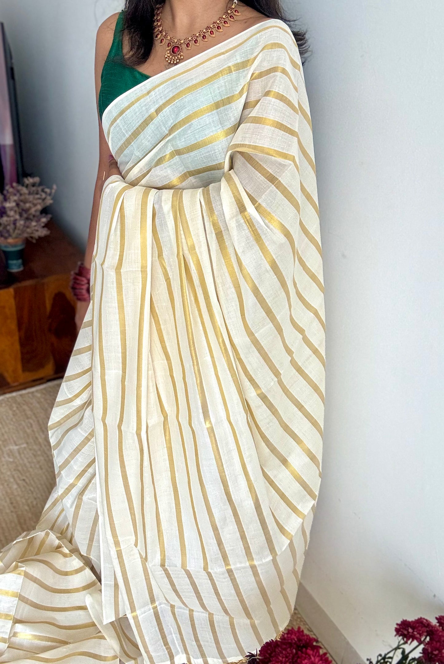 Ivory with gold stripes, kerala cotton - YCON25KCBS263