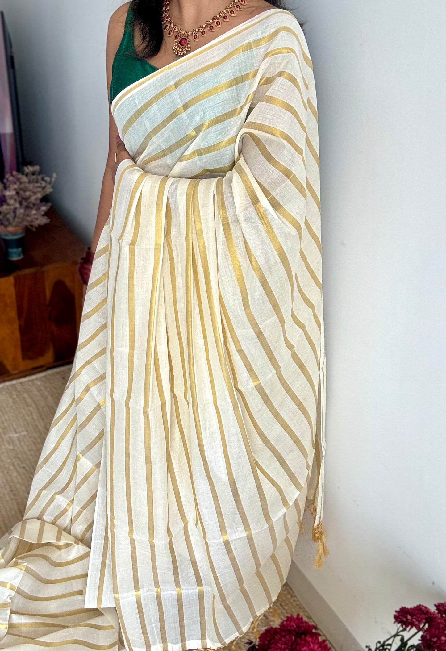 Ivory with gold stripes, kerala cotton - YCON25KCBS263