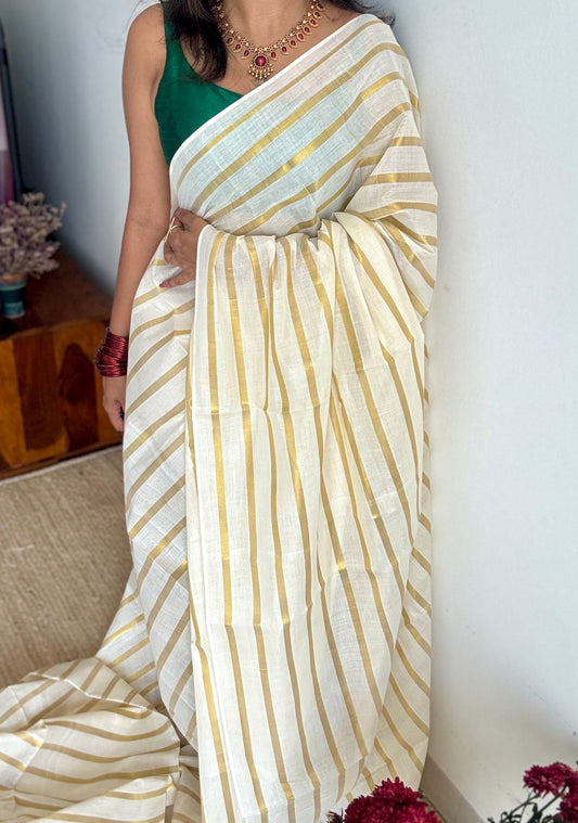 Ivory with gold stripes, kerala cotton - YCON25KCBS263