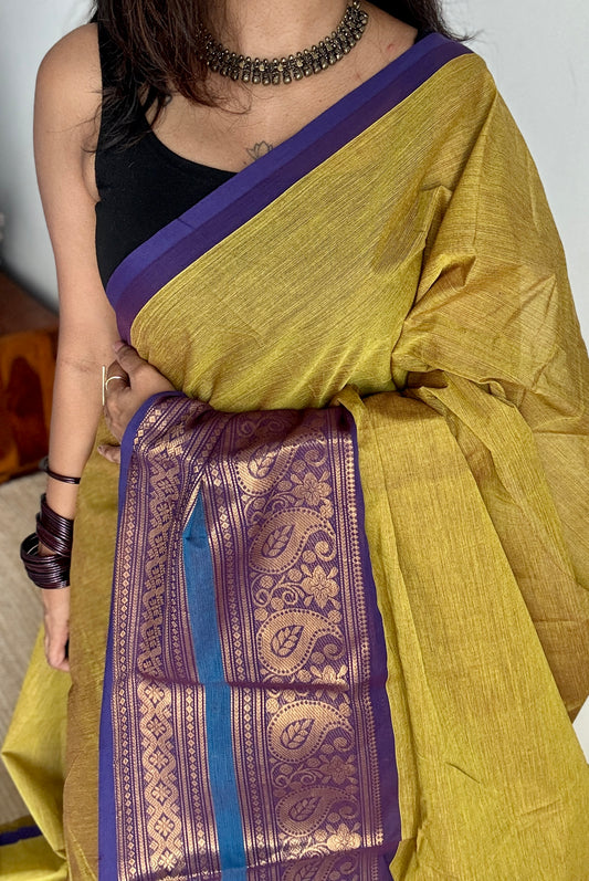 Parrot Green with one side broad zari - Chettinad Soft Cotton - YCCL407