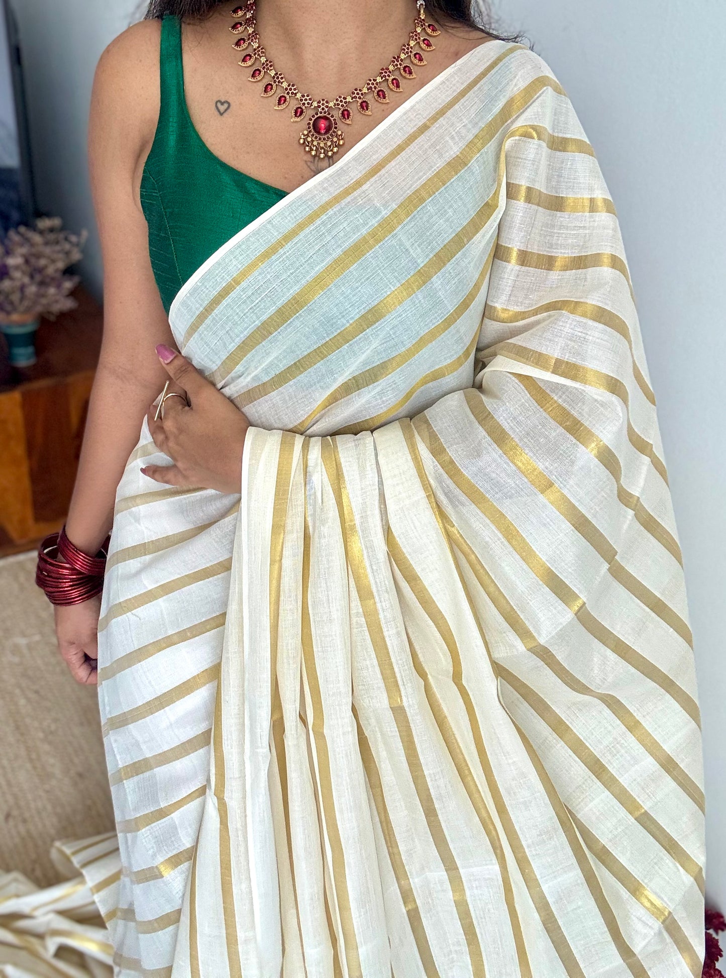 Ivory with gold stripes, kerala cotton - YCON25KCBS263