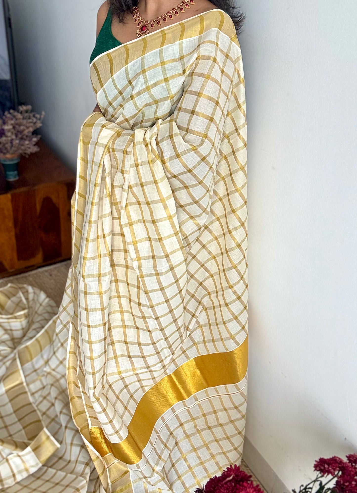 Ivory and gold bold checks, kerala tissue cotton - YCON25KCMC66