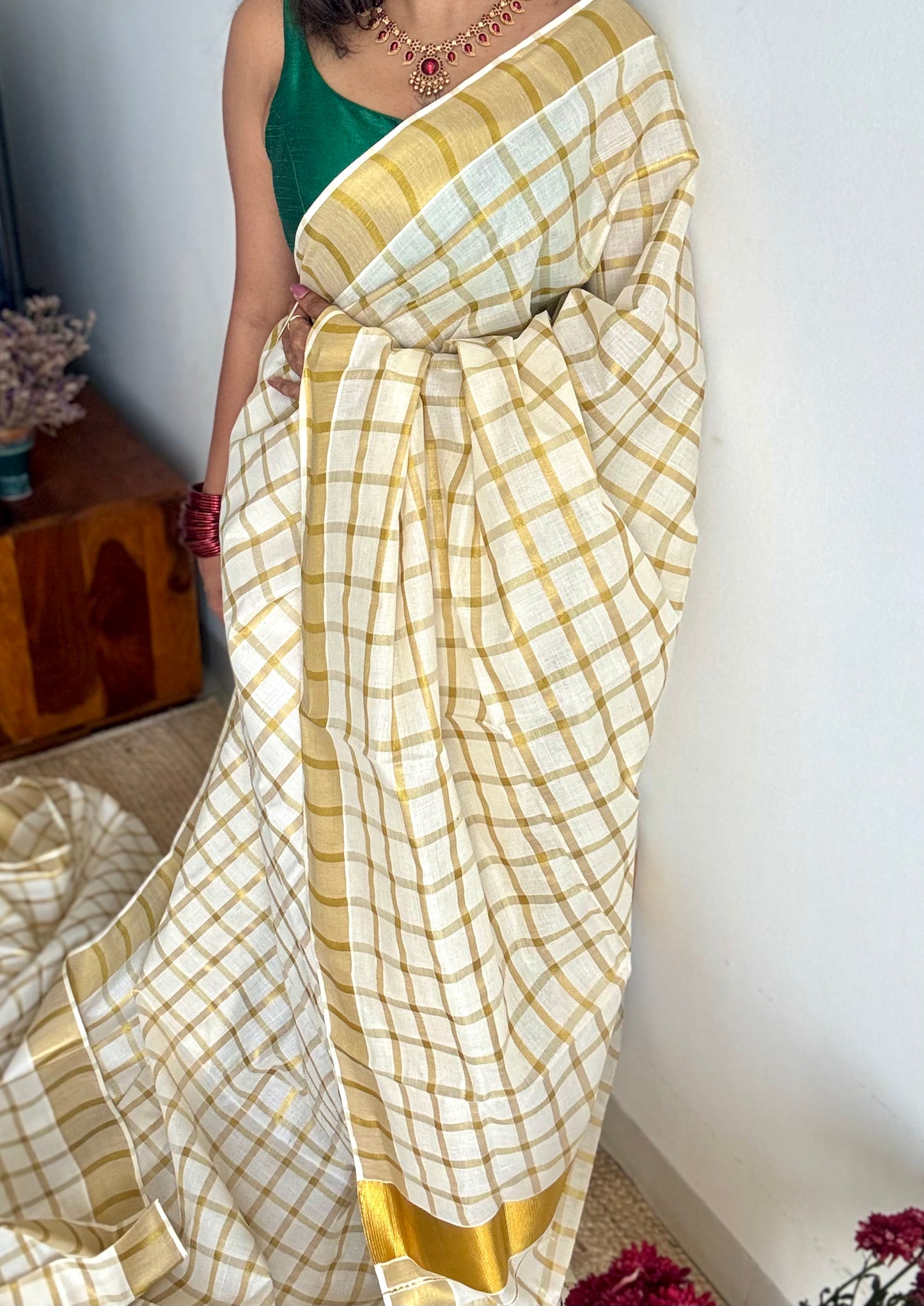 Ivory and gold bold checks, kerala tissue cotton - YCON25KCMC66