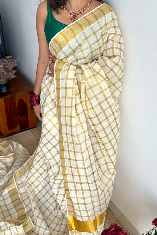 Ivory and gold bold checks, kerala tissue cotton - YCON25KCMC66