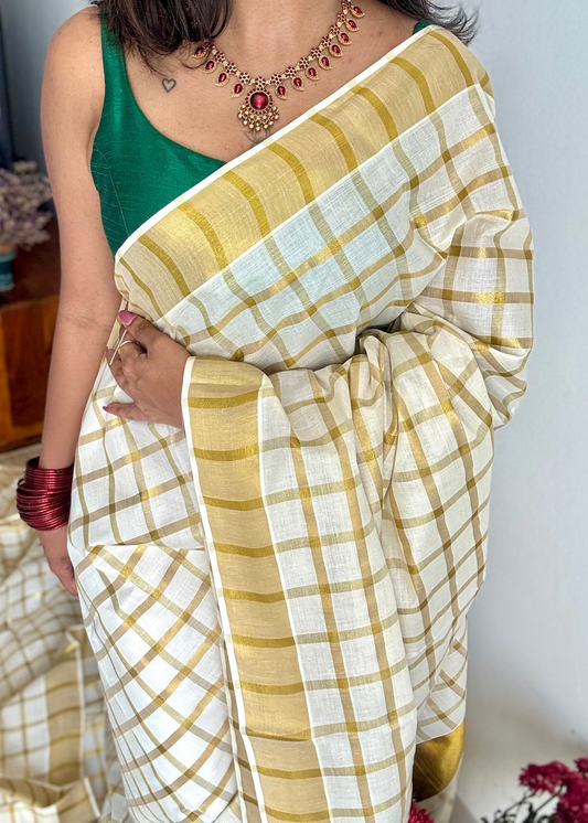 Ivory and gold bold checks, kerala tissue cotton - YCON25KCMC66