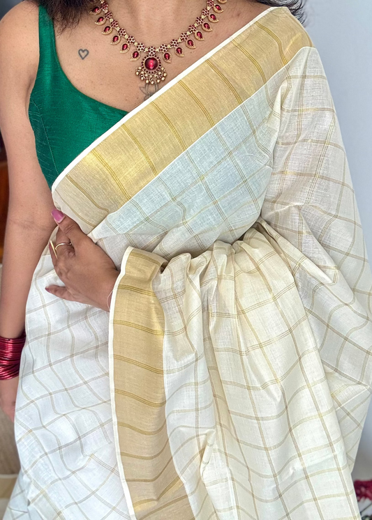 Ivory and gold checks, kerala tissue cotton - YCON25MC272