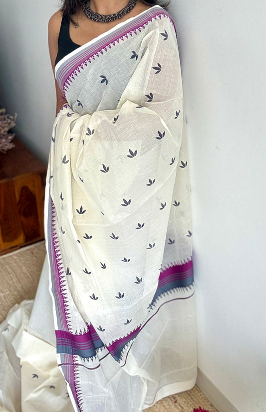 Ivory with purple border, floral pattern kerala cotton - YCON25KCP79