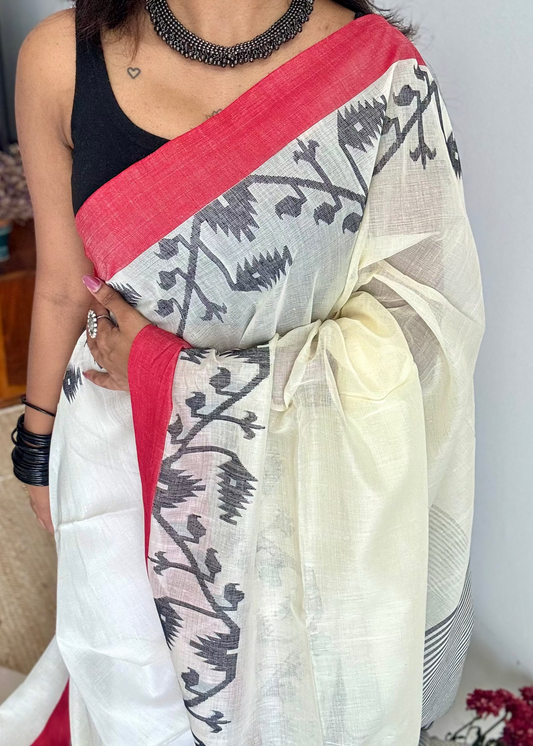 Ivory handwoven jamdani with black and red border - YCON25BCJM20