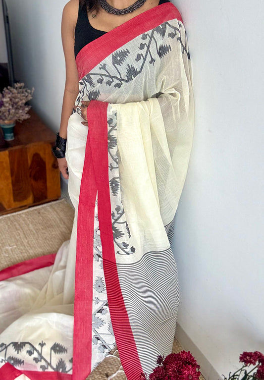 Ivory handwoven jamdani with black and red border - YCON25BCJM20