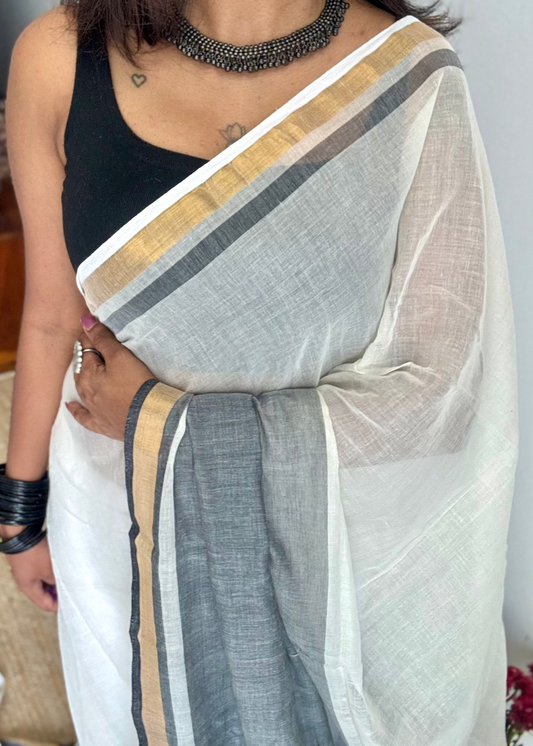 Ivory with dark grey and antique gold zari border, mul cotton - YCONBCM236