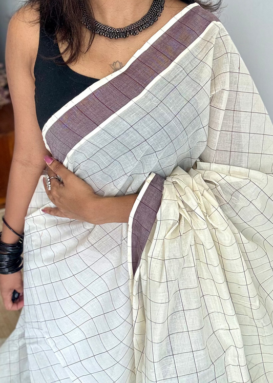 Ivory and brown checks, kerala cotton - YCON25KCPC71