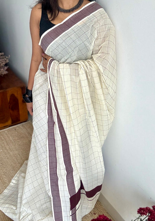 Ivory and brown checks, kerala cotton - YCON25KCPC71